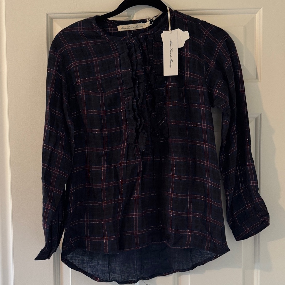 Navy Plaid Blouse with Ruffle Detail Marie Louise De Montery Sz 6 NWT